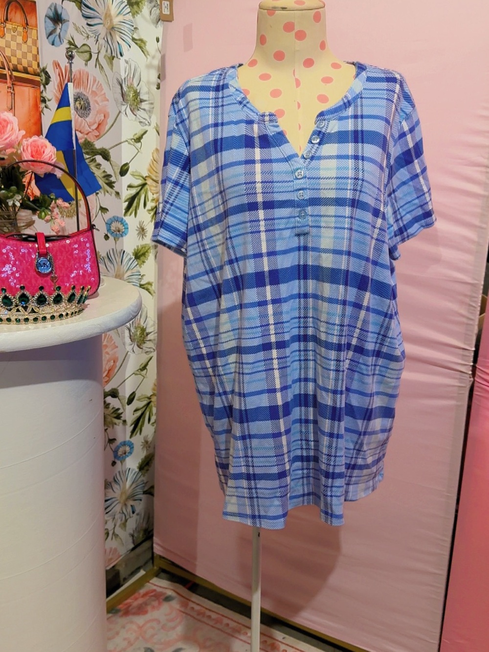BLAIR Women’s Blue Plaid Short Sleeve Tunic Top XL